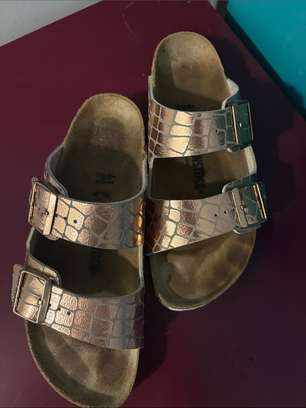 Birkenstock Metallic Rose Gold Croc-Embossed Double Buckle Sandals
